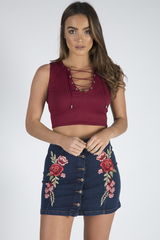 Dark Denim Embroidered Button Up Skirt - Grace-Skirts