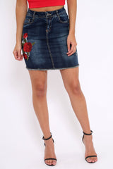 Dark Denim Embroidered Sequin Mini Skirt - Rosie-Skirts