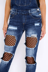 Dark Denim Fishnet Dungarees - Aily-Jeans