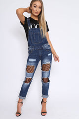 Dark Denim Fishnet Dungarees - Aily-Jeans