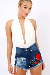 Dark Denim Frayed Ripped Applique Shorts - Rayleigh-Shorts