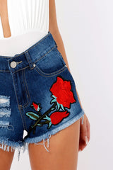 Dark Denim Frayed Ripped Applique Shorts - Rayleigh-Shorts