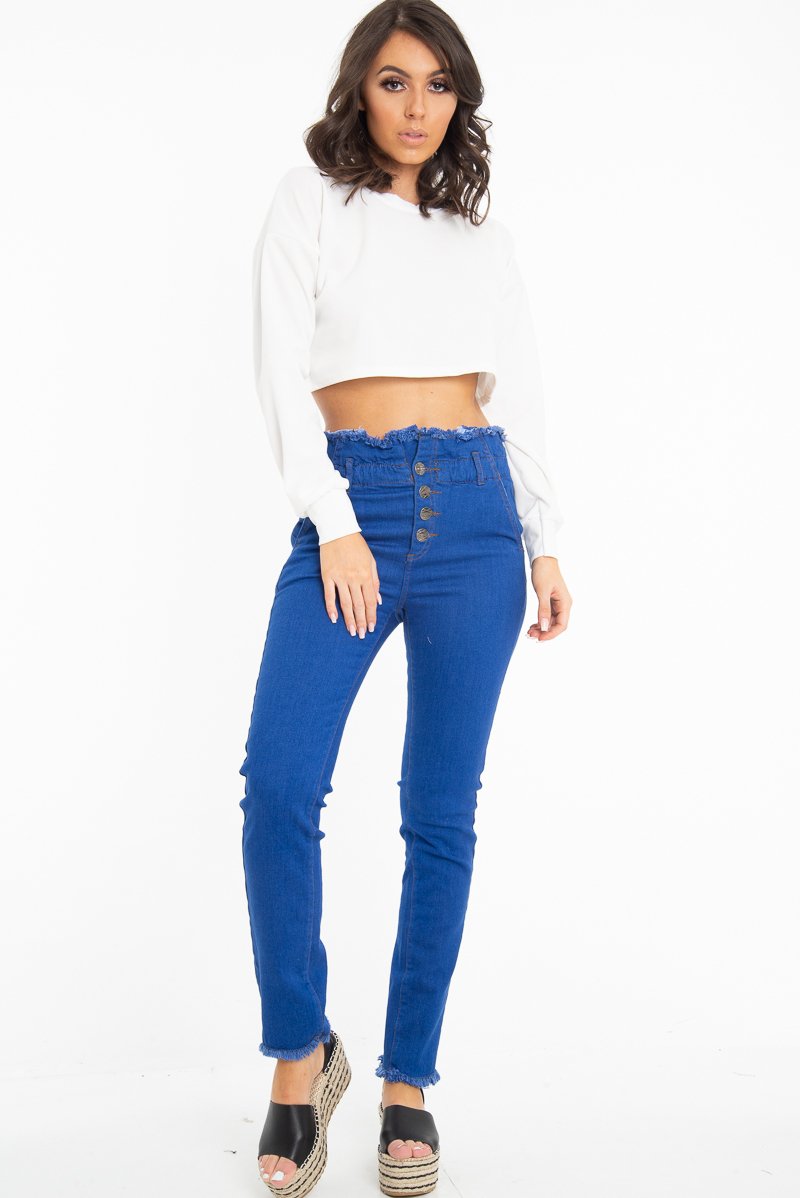 Dark Denim High Waist Frilled Hem Paperbag Jeans - Cataleyah-Jeans