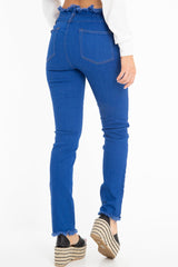 Dark Denim High Waist Frilled Hem Paperbag Jeans - Cataleyah-Jeans