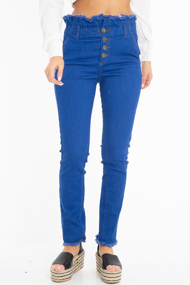 Dark Denim High Waist Frilled Hem Paperbag Jeans - Cataleyah-Jeans