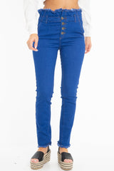 Dark Denim High Waist Frilled Hem Paperbag Jeans - Cataleyah-Jeans