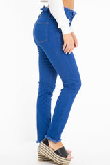 Dark Denim High Waist Frilled Hem Paperbag Jeans - Cataleyah-Jeans