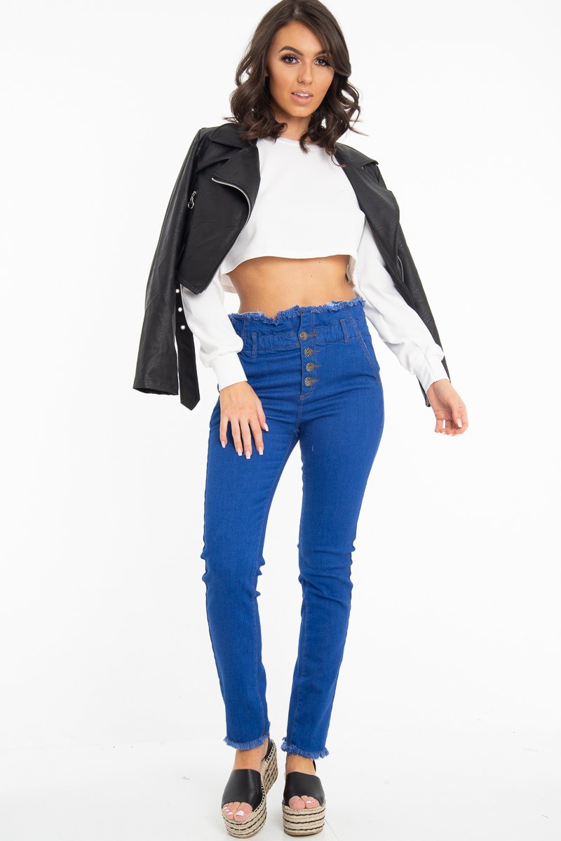 Dark Denim High Waist Frilled Hem Paperbag Jeans - Cataleyah-Jeans
