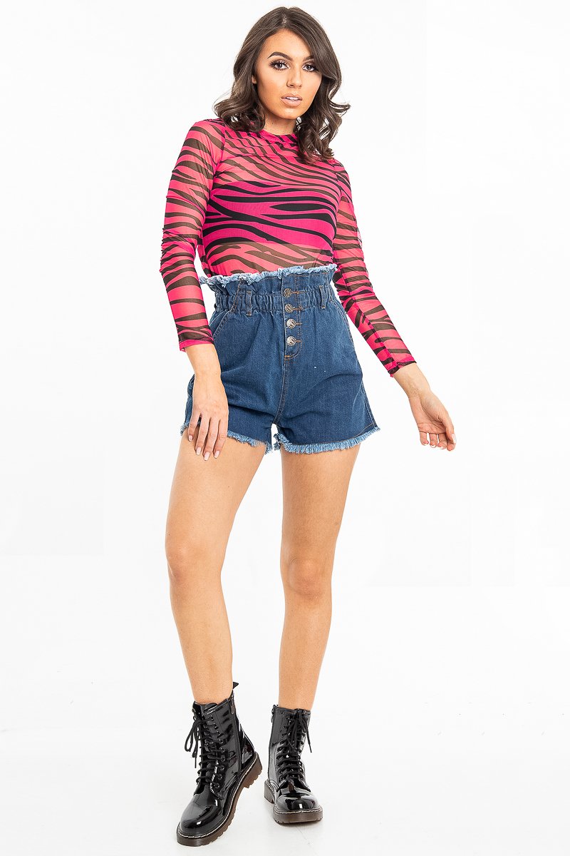 Dark Denim High Waist Frilled Hem Paperbag Shorts - Raivyn-Shorts