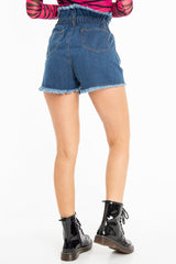 Dark Denim High Waist Frilled Hem Paperbag Shorts - Raivyn-Shorts