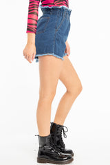 Dark Denim High Waist Frilled Hem Paperbag Shorts - Raivyn-Shorts