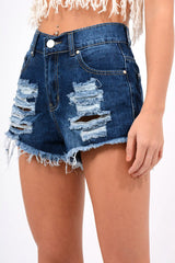 Dark Denim High Waisted Distressed Shorts - Latifa-Shorts