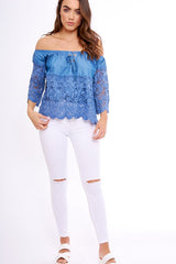 Dark Denim Lace Up Crochet Bardot Top - Tessa-Tops