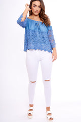Dark Denim Lace Up Crochet Bardot Top - Tessa-Tops