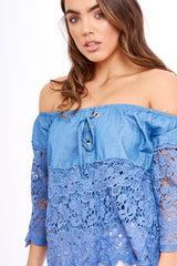 Dark Denim Lace Up Crochet Bardot Top - Tessa-Tops