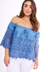 Dark Denim Lace Up Crochet Bardot Top - Tessa-Tops