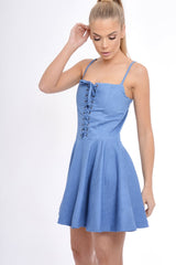 Dark Denim Lace Up Strappy Skater Dress - Xanthe-Dresses