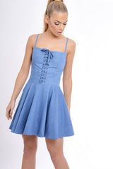 Dark Denim Lace Up Strappy Skater Dress - Xanthe-Dresses