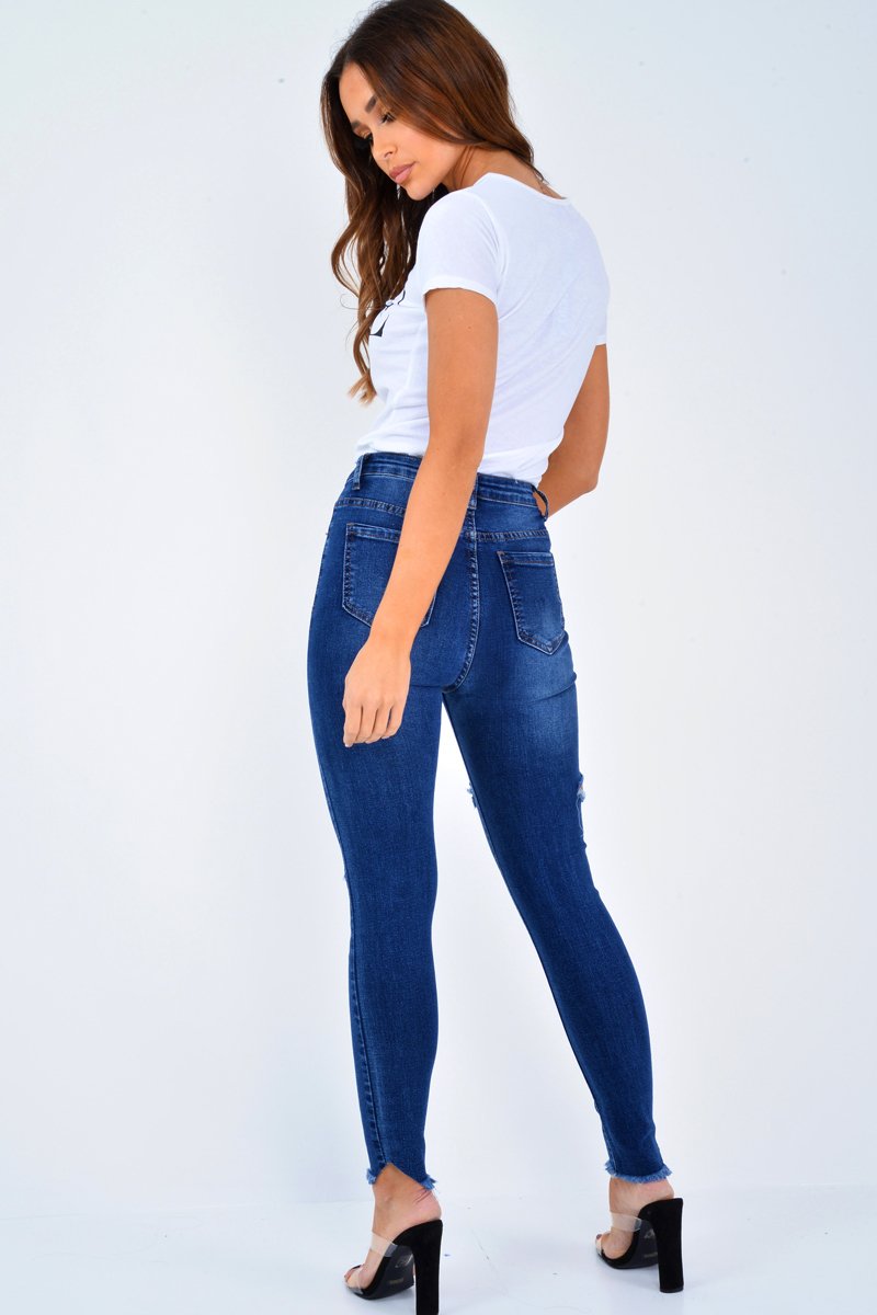 Dark Denim Slash Distressed Skinny Jeans - Jocie-Jeans