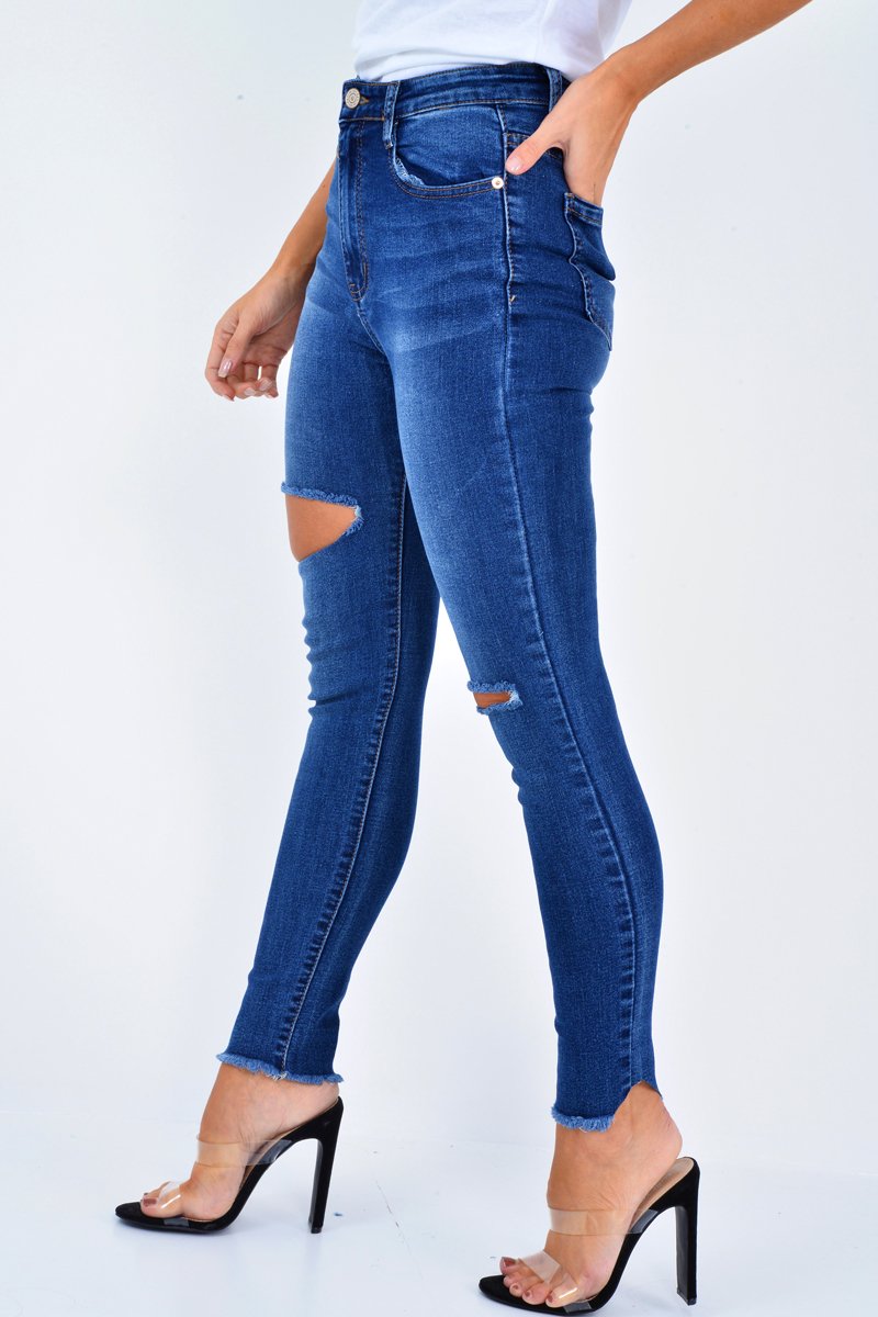 Dark Denim Slash Distressed Skinny Jeans - Jocie-Jeans