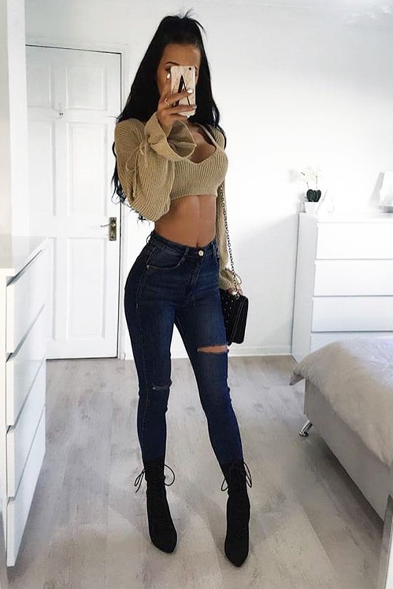 Dark Denim Slash Distressed Skinny Jeans - Jocie-Jeans