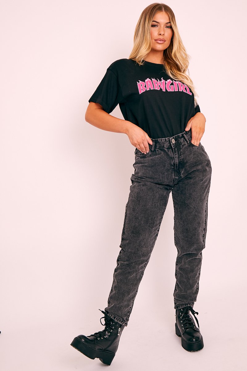 Dark Grey Acid Wash Mom Jeans - Demiya-Jeans