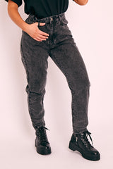Dark Grey Acid Wash Mom Jeans - Demiya-Jeans