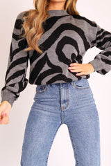Dark Grey Black Abstract Print Knit Jumper - Palyn-Jumper