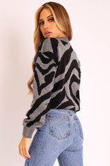 Dark Grey Black Abstract Print Knit Jumper - Palyn-Jumper