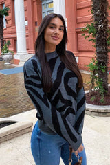 Dark Grey Black Abstract Print Knit Jumper - Palyn-Jumper