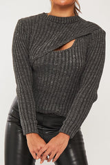 Dark Grey Chest Cut Out Knit Jumper - Heather-Jumper