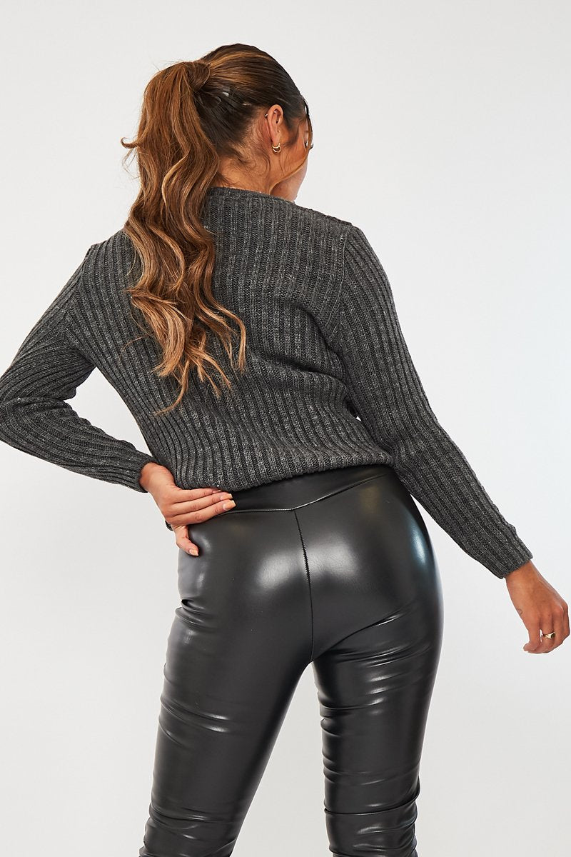 Dark Grey Chest Cut Out Knit Jumper - Heather-Jumper