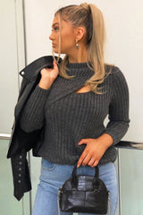 Dark Grey Chest Cut Out Knit Jumper - Heather-Jumper