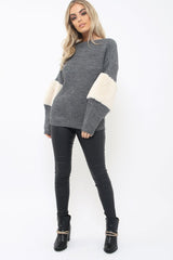 Dark Grey Chunky Knit Fur Sleeve Jumper - Kimberly-Knitwear