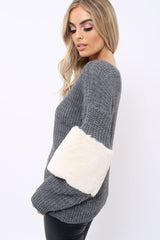 Dark Grey Chunky Knit Fur Sleeve Jumper - Kimberly-Knitwear