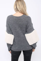 Dark Grey Chunky Knit Fur Sleeve Jumper - Kimberly-Knitwear