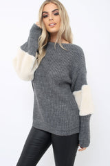 Dark Grey Chunky Knit Fur Sleeve Jumper - Kimberly-Knitwear