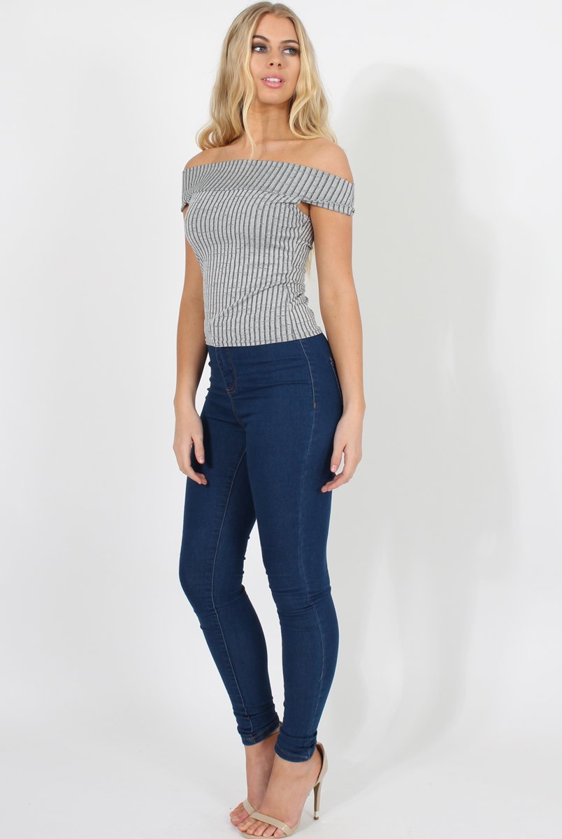 Dark Grey Cold Shoulder Ribbed Top - Elsa-Tops