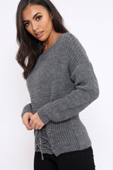 Dark Grey Corset Waist Knitted Jumper - Elizabeth-Jumper