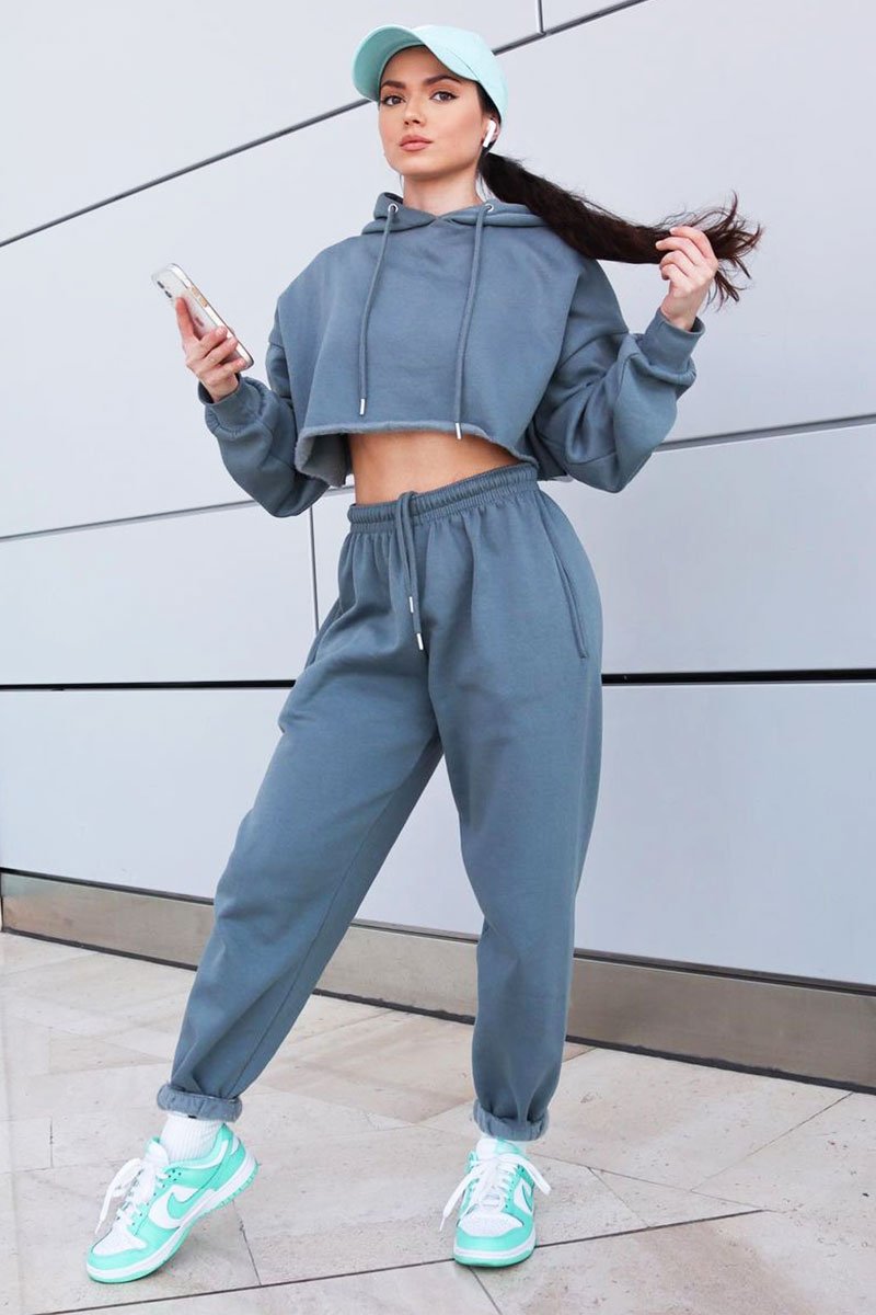 Dark Grey Cropped Oversized Hoodie and Joggers Co-ord - Karenza-Loungewear