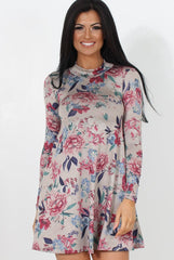 Dark Grey Floral Print Skater Dress-Shyla-Dresses