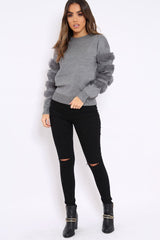 Dark Grey Fur Sleeve Knitted Jumper - Courtnie-Jumper