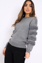 Dark Grey Fur Sleeve Knitted Jumper - Courtnie-Jumper
