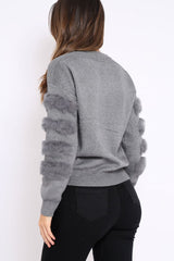 Dark Grey Fur Sleeve Knitted Jumper - Courtnie-Jumper