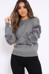 Dark Grey Fur Sleeve Knitted Jumper - Courtnie-Jumper