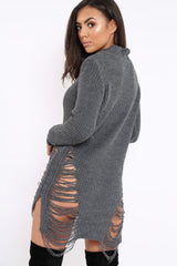 Dark Grey High Neck Cut Out Distressed Jumper Dress - Adalyn-Jumper