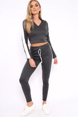 Dark Grey Hoodie and Joggers Side Stripe Loungewear Set - Dora-Co-ords