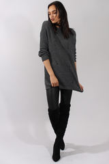 Dark Grey Knitted Distressed Back Jumper Dress - Cara-Jumper