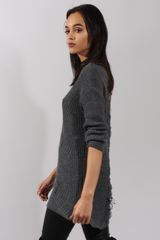 Dark Grey Knitted Distressed Back Jumper Dress - Cara-Jumper