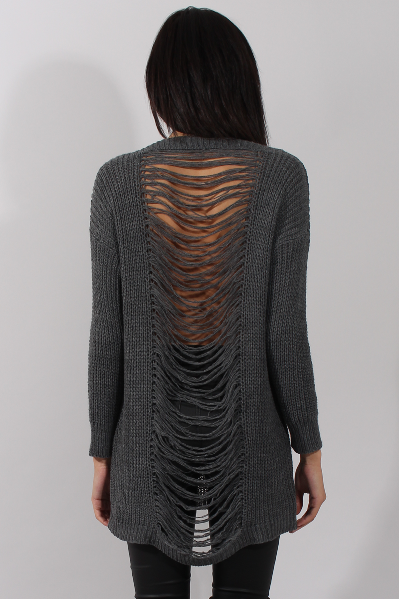 Dark Grey Knitted Distressed Back Jumper Dress - Cara-Jumper